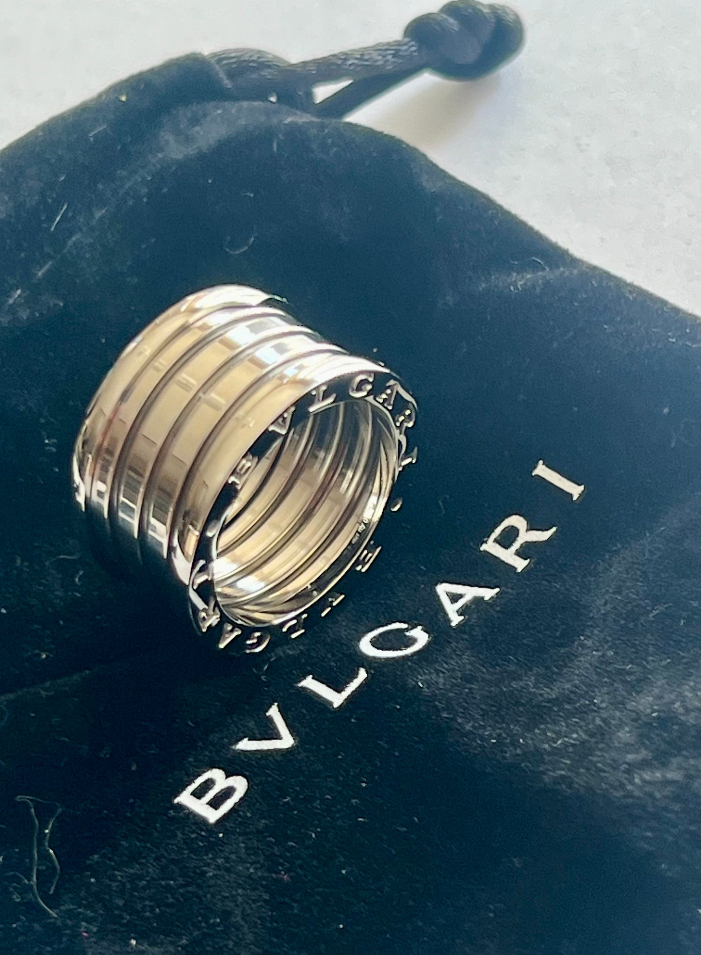 BVLGARI B. Zero1 18k Yellow Gold 4-Band Ring Chrome SS / Black USA Size 9 Ring