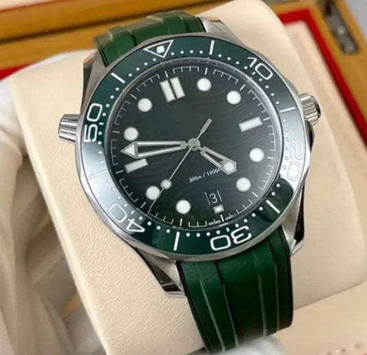 Omega Seamaster Diver Co-Axial Green Dial Rubber Strap Silver case Chronometer Black ceramic  210.92.44.20.01.003 watch