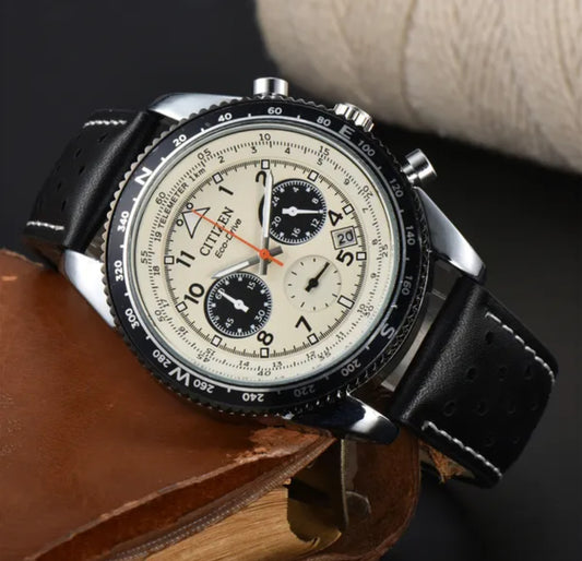 Citizen Cream Dial  Black Bezel, Black Leather Watch