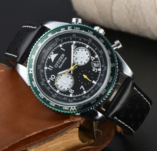 Citizen l Black Dlal Green Bezel Black Leather Watch