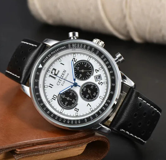 Citizen Eco-Drive Weekender Brycen Chronograph Stainless Steel, Black Leather White (Model: CA0648-09L) Watch