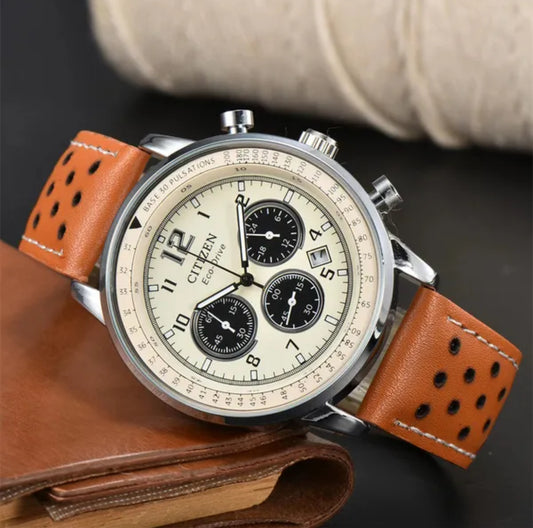 Citizen Eco-Drive Weekender Brycen Chronograph Stainless Steel, Brown Leather strap, Bege CA0648-09L Watch