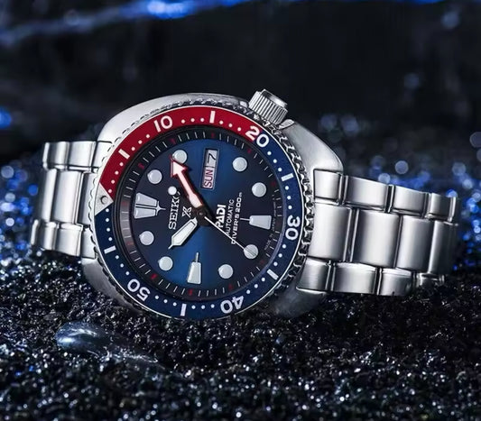 Seiko Men's PADI SRPE99 Water Ghost Automatic Mechanical Watch Diving Watch Silver Strap blue Red Bezel Wrist Watc